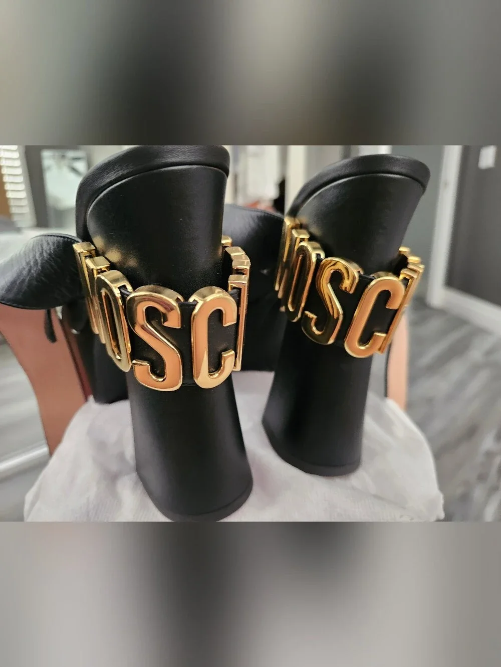 Moschino Black Platform Sandals with Gold Hardware